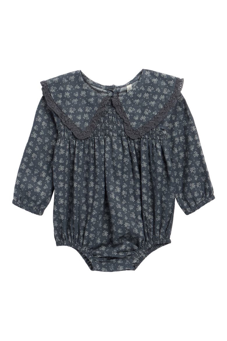 Fern Heart Ditsy Long Sleeve Linen Blend Romper, Main, color, MIDNIGHT