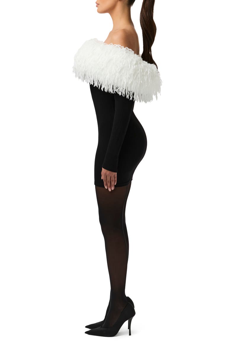 Butter Faux Feather Trim Off the Shoulder Long Sleeve Minidress, Alternate, color, BLACK / WHITE