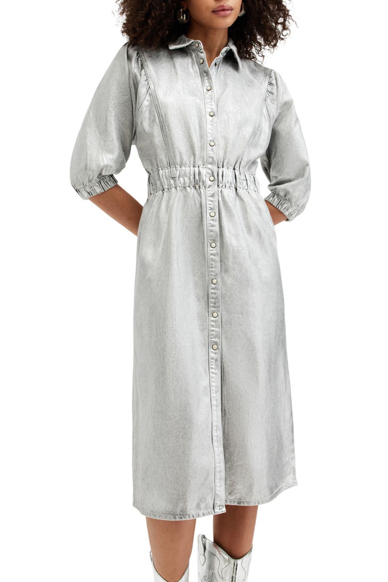 Osa Metallic Puff Sleeve Denim Shirtdress, Alternate, color, METALLIC SILVER