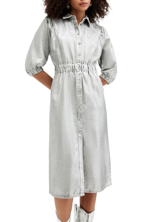 Allsaints Osa Metallic Coated Denim Midi Dress In Silver