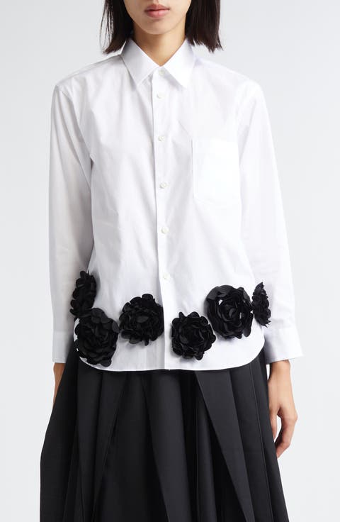 Floral Satin Appliqué Cotton Broadcloth Button-Up Shirt