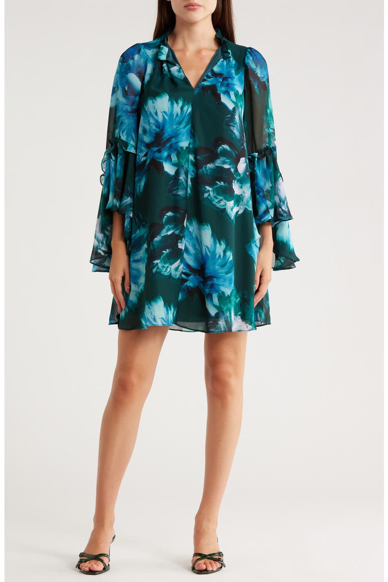 Cascade Long Sleeve A-Line Dress, Main, color, TEAL/ LIGHT BLUE