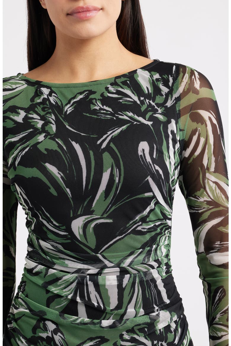 Print Long Sleeve Mesh Body-Con Dress, Alternate, color, GREEN BLACK