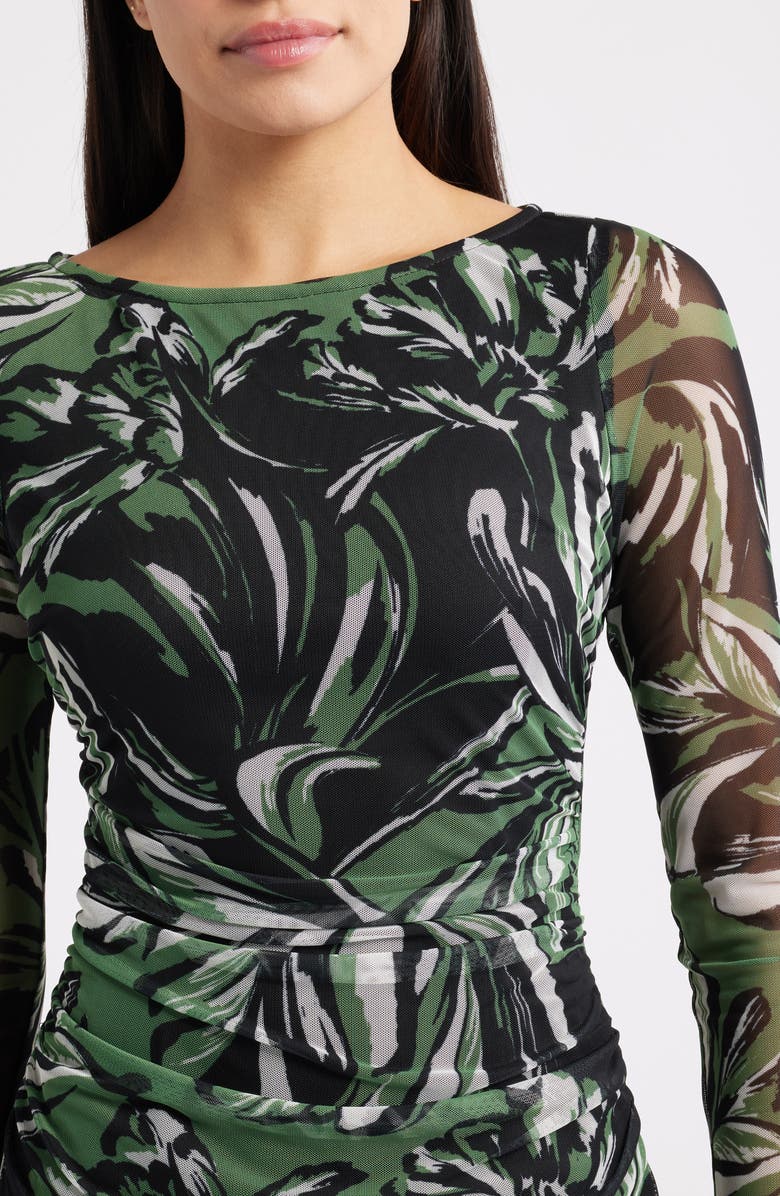 Vince Camuto Print Long Sleeve Mesh Body-Con Dress, Alternate, color, Green Black