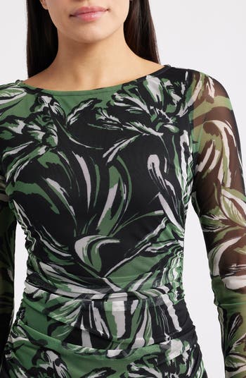 Print Long Sleeve Mesh Body-Con Dress