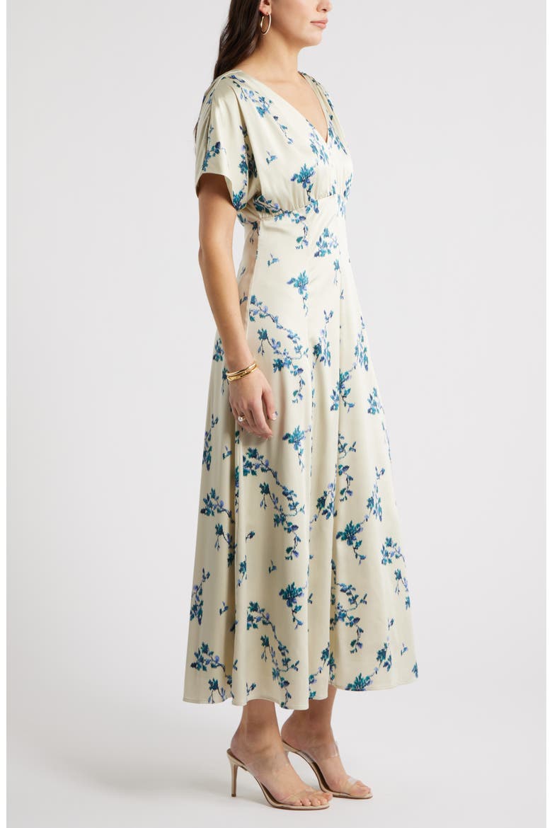 Seamed Stretch Satin Maxi Dress, Alternate, color, GREEN- TEAL FAINT FLORAL
