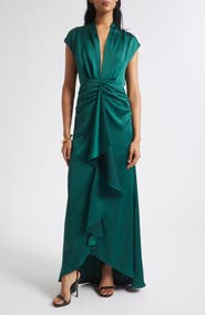 Ramy Brook Catrin Plunge Neck Center Ruched Satin Gown