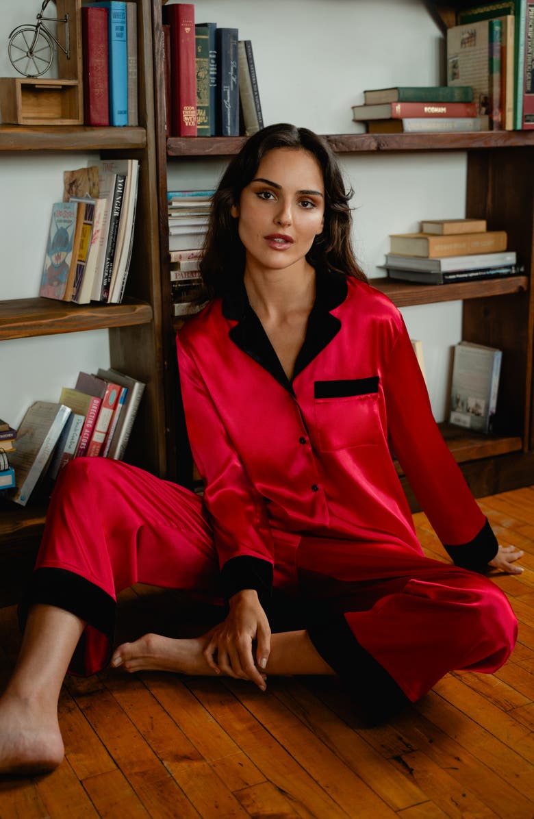 In Bloom by Jonquil Josie Velvet Trim Satin Crop Pajamas, Alternate, color, Red