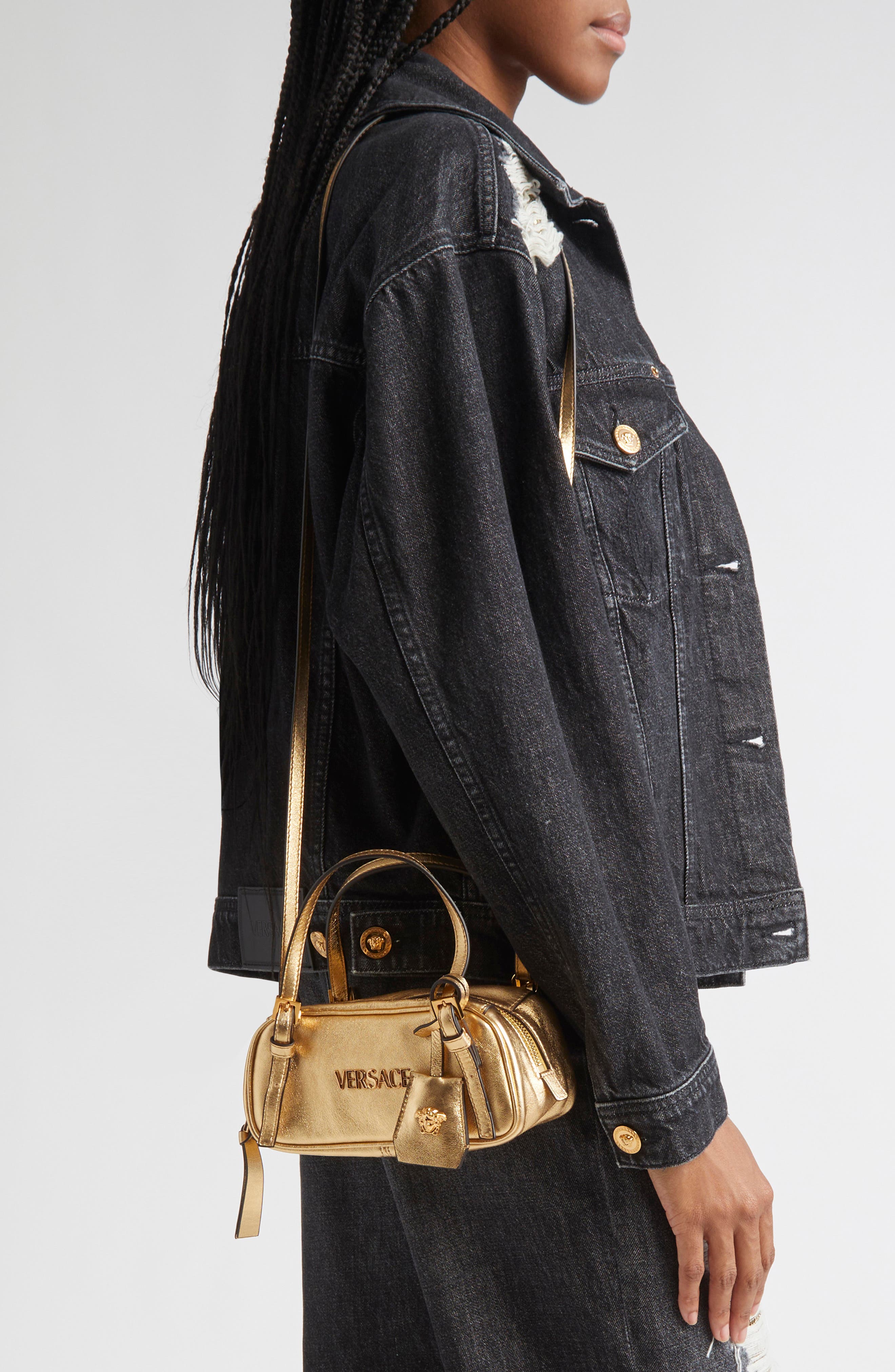 Versace Mini Tag Bowling Metallic Leather Shoulder Bag, Alternate, color, 