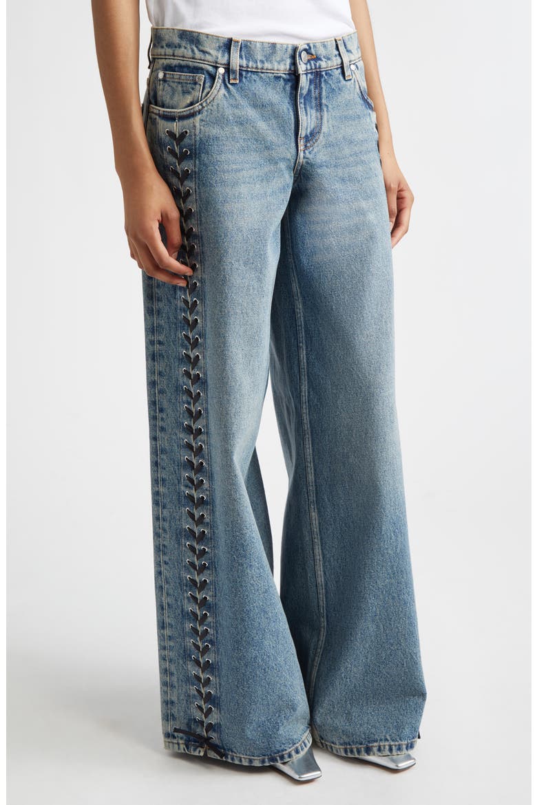 Lacing Denim Wide Leg Jeans, Alternate, color, MID BLUE