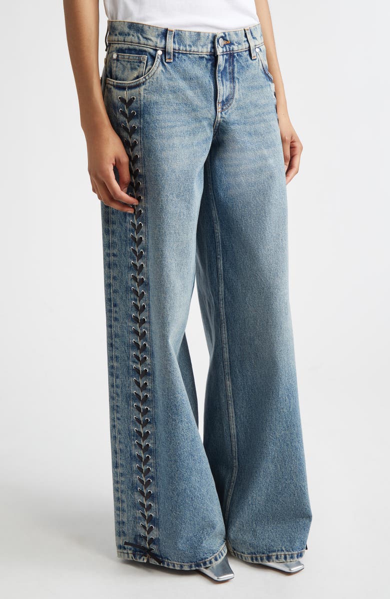 Stella McCartney Lacing Denim Wide Leg Jeans, Alternate, color, Mid Blue