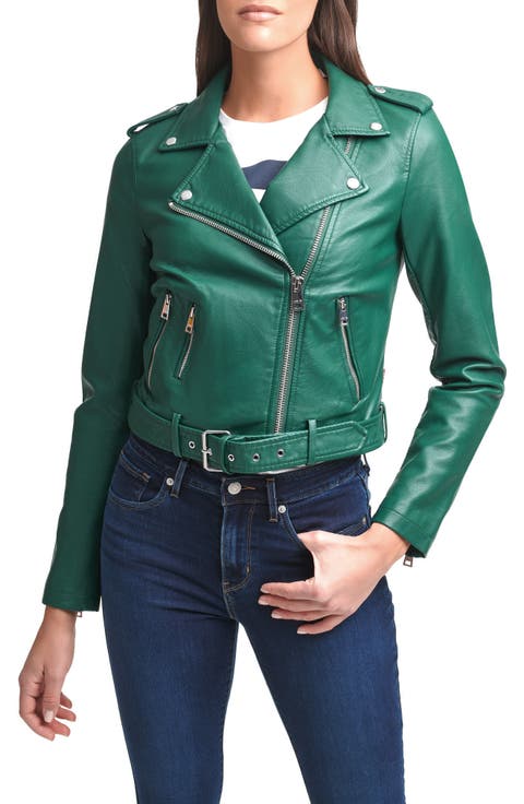 Faux Leather Fashion Belted Moto Jacket