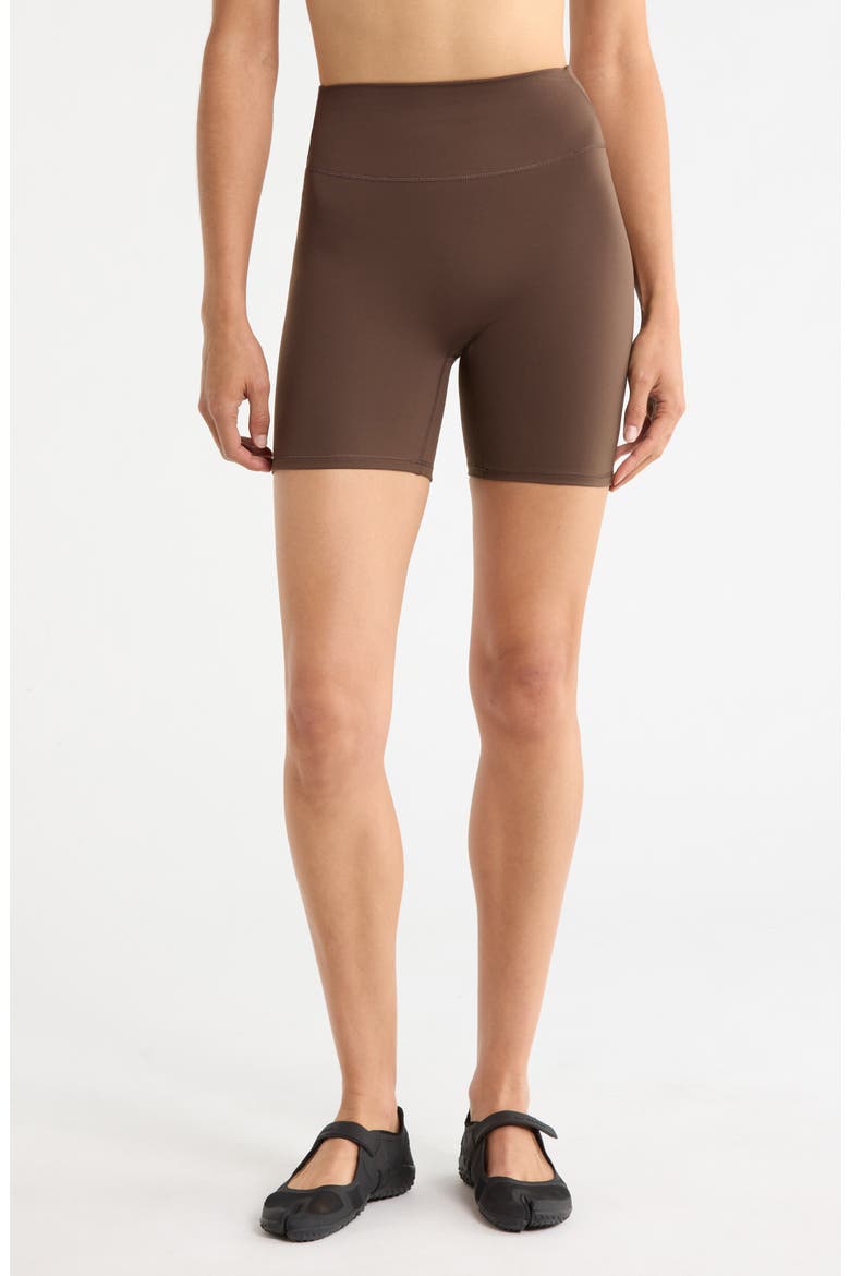 Shine Bonded Waist Bike Shorts, Main, color, NSKM DARK SEPIA