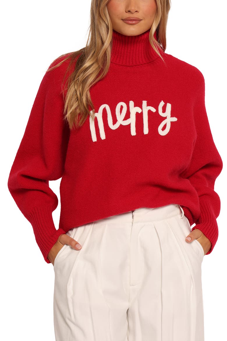 Merry Appliqué Turtleneck Sweater, Main, color, RED/ WHITE