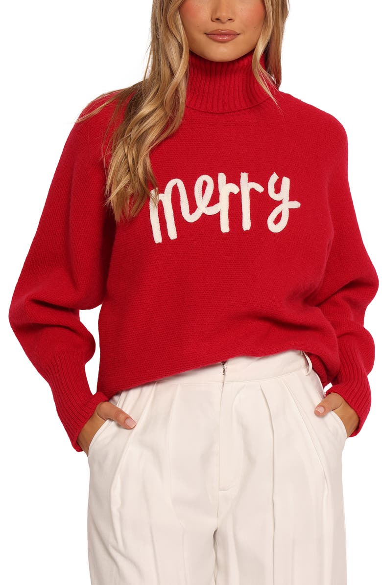 Petal & Pup Merry Appliqué Turtleneck Sweater, Main, color, Red/ White