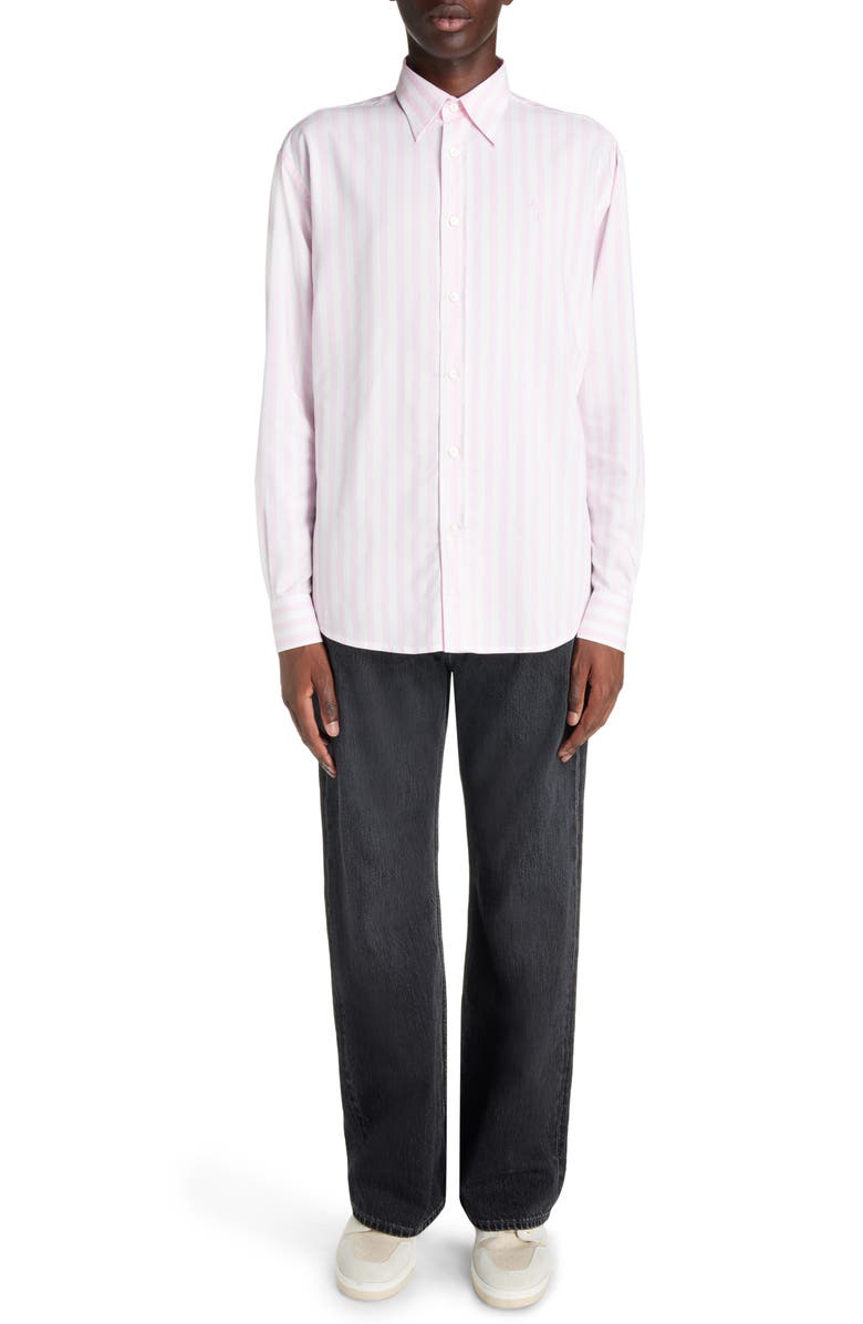 Acne Studios Embroidered Logo Stripe Button-Up Shirt, Alternate, color, Pink/ White
