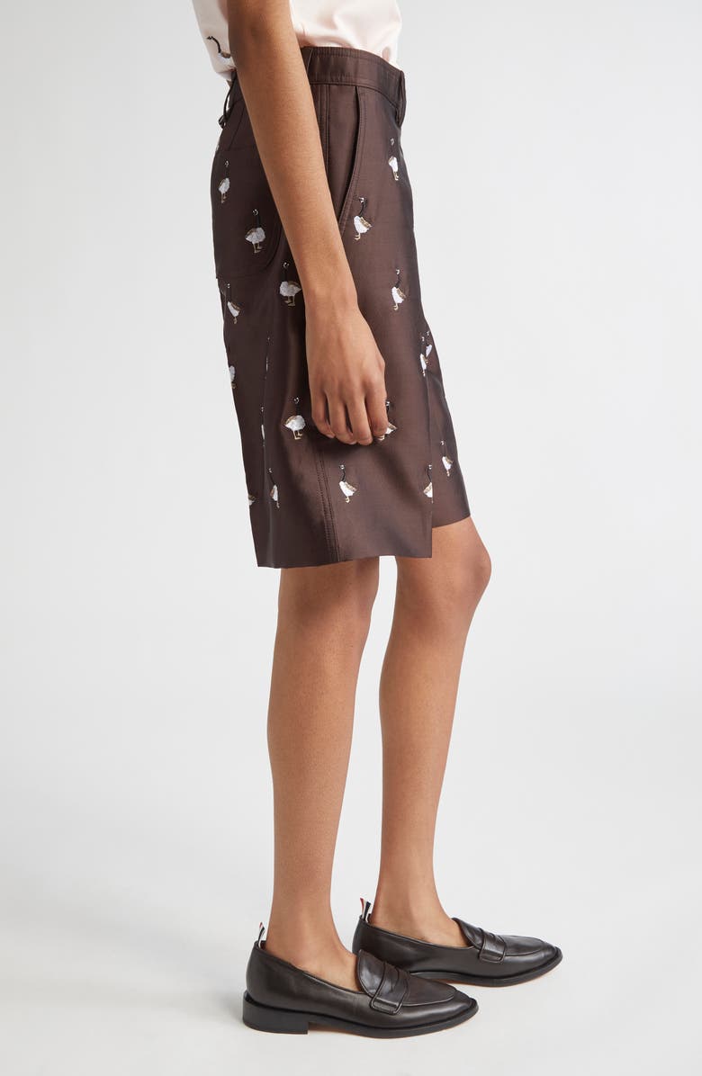 Thom Browne Geese Embroidered Twill Wide Leg Shorts, Alternate, color, Brown