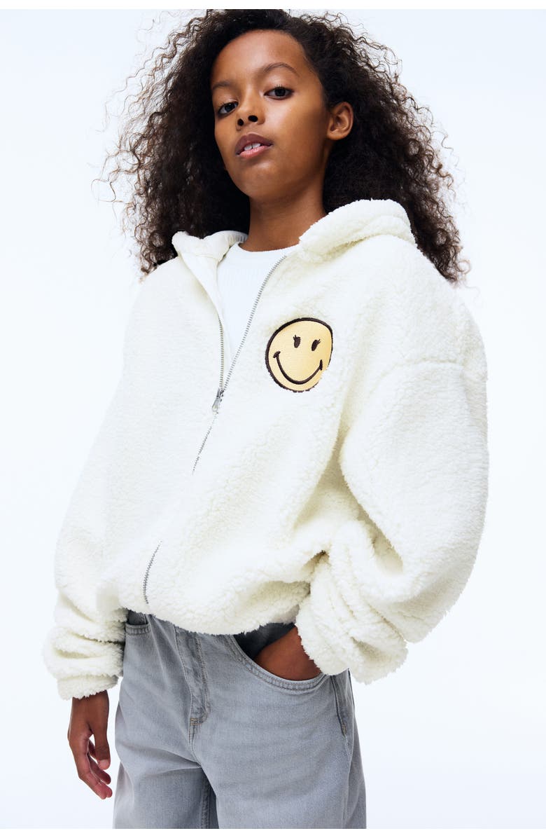 H&M Teddy Zip-through Hoodie, Alternate, color, White/Smileyworld®