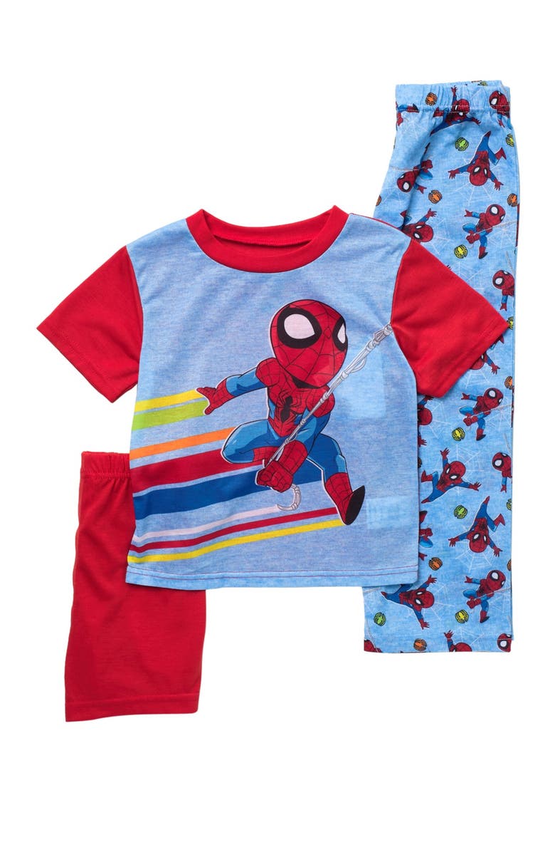 AME Spiderman(R) T-Shirt, Shorts, & Pants Pajama Set, Main, color, 