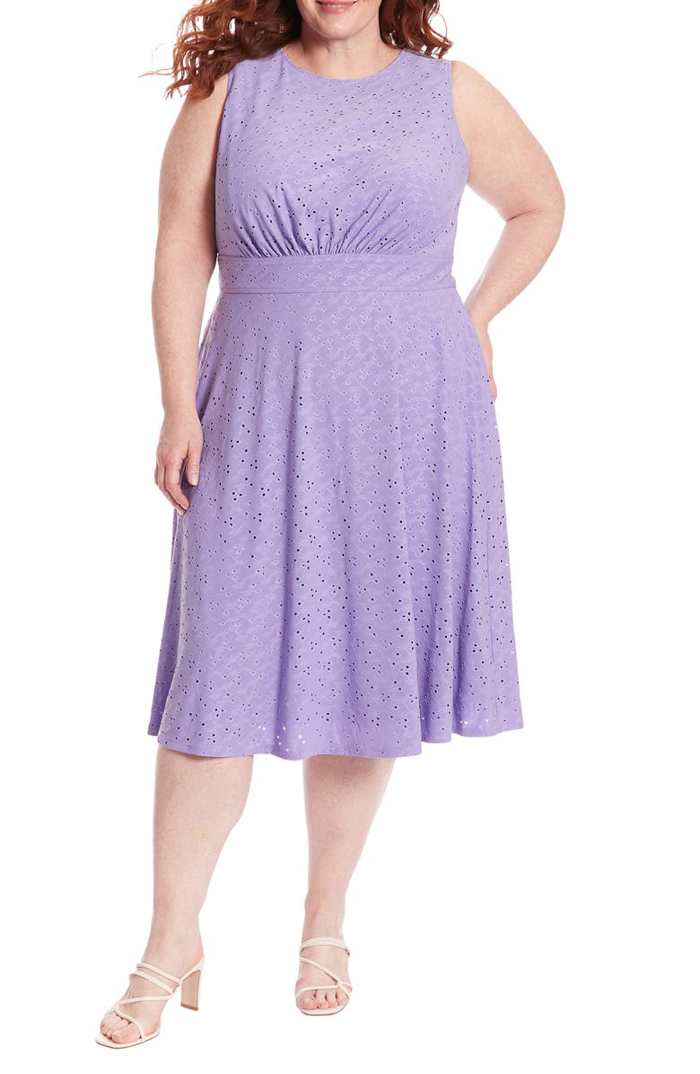 London Times Sleeveless Embroidered Eyelet Midi Dress, Main, color, Violet Tulip
