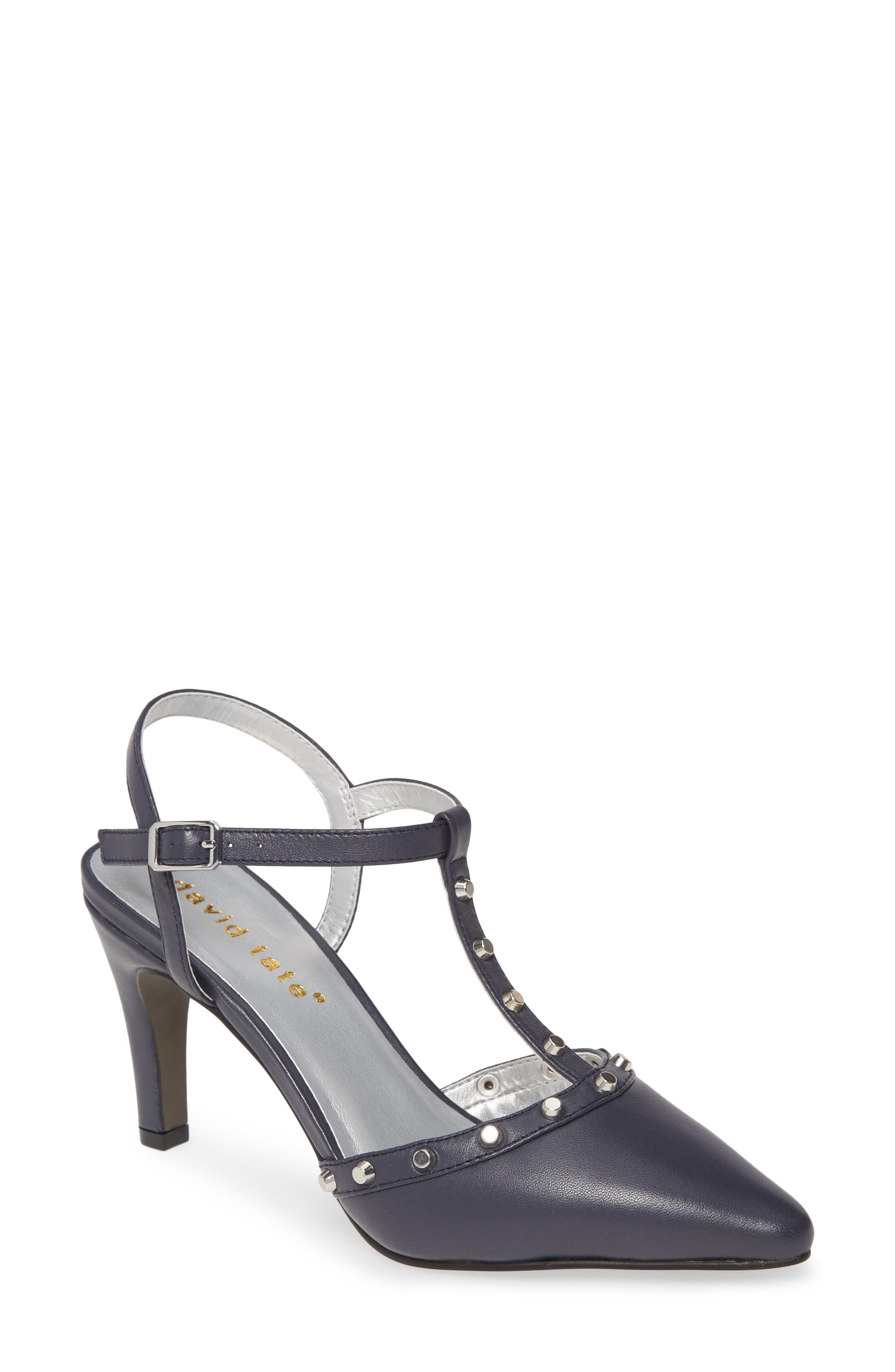 Valencia Studded Pointy Toe Pump, Main, color, NAVY LEATHER