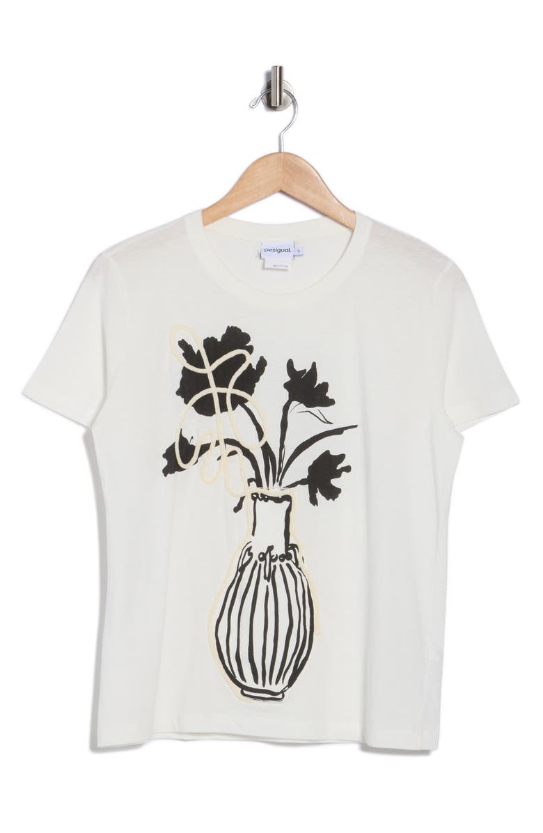 Desigual Flower Vase Semisheer Knit T-Shirt, Main, color, White