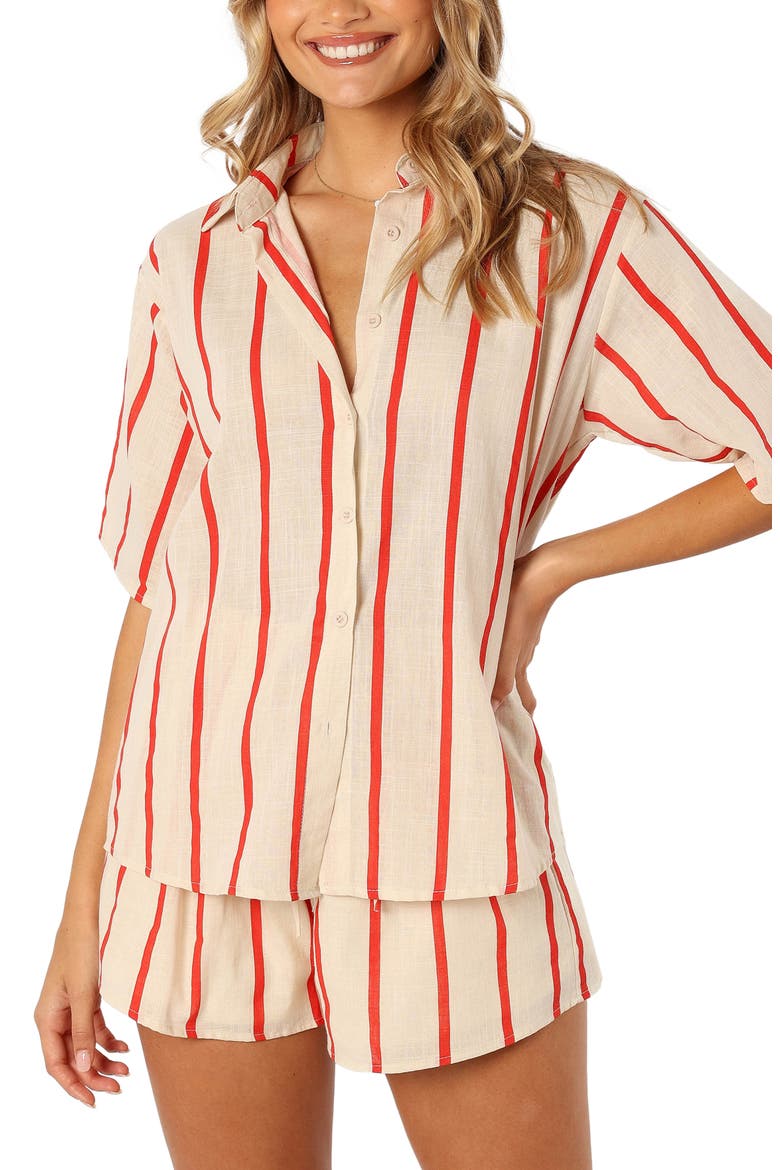 Myles Cotton Button-Up Shirt & Shorts Set, Alternate, color, RED STRIPE