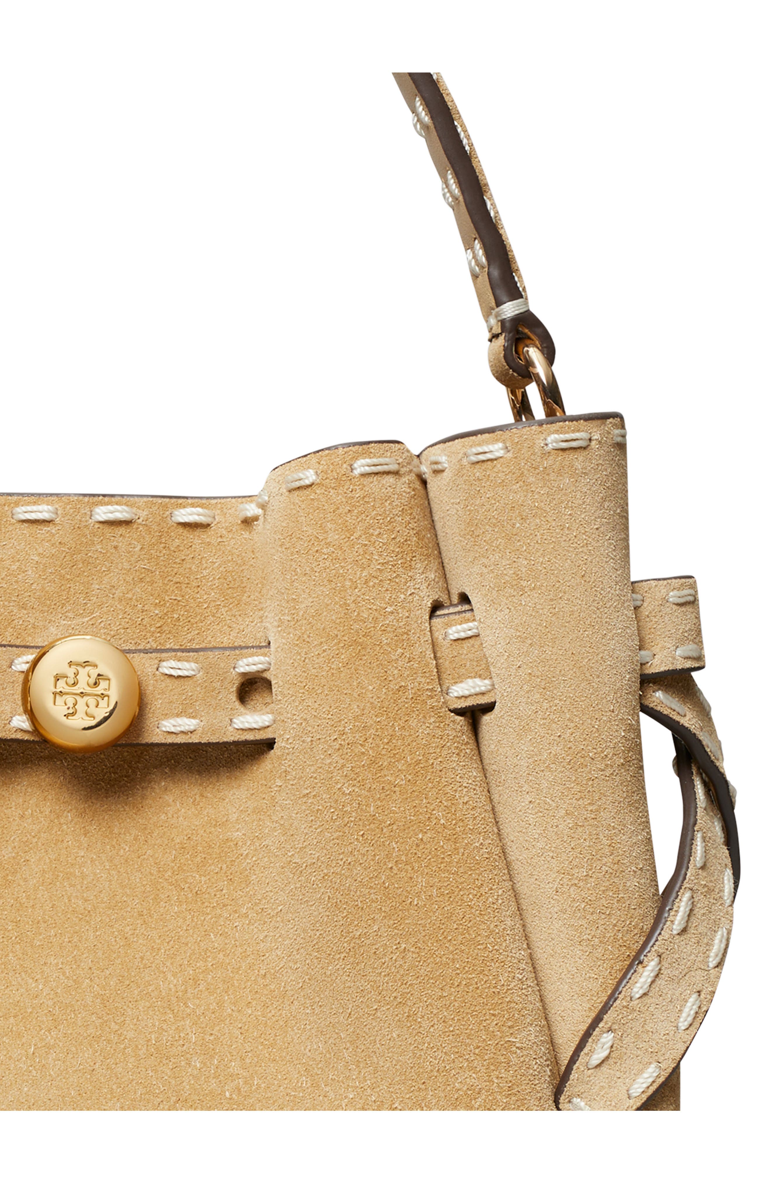 Tory Burch Mini Romy Suede Bucket Bag, Alternate, color, Butter