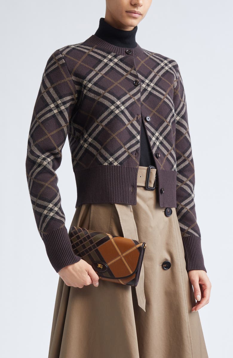 Burberry Highlands Patchwork Check Leather Wallet on a Chain, Alternate, color, Hazel