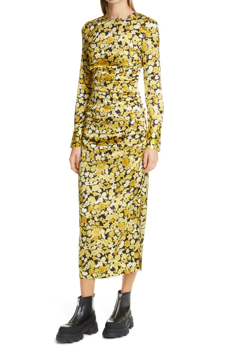Ganni Floral Print Ruched Long Sleeve Stretch Silk Satin Dress, Alternate, color,