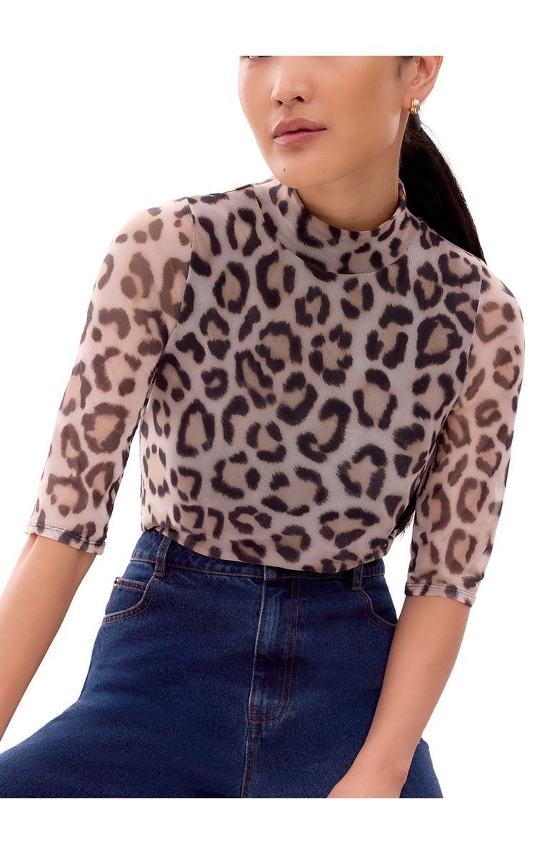 Ro&Zo Long Sleeve Print Mesh Top, Alternate, color, Brown