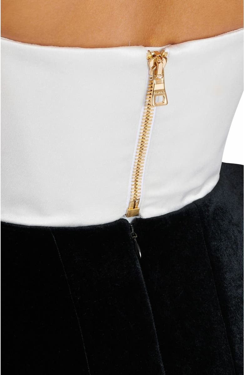 Balmain Structured Dual Fabric Strapless Dress, Alternate, color, Black