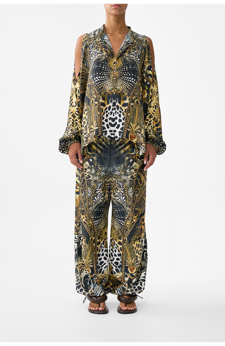 Camilla Mandarin Collar Cold Shoulder Blouse, Main, color, Feline Folklore