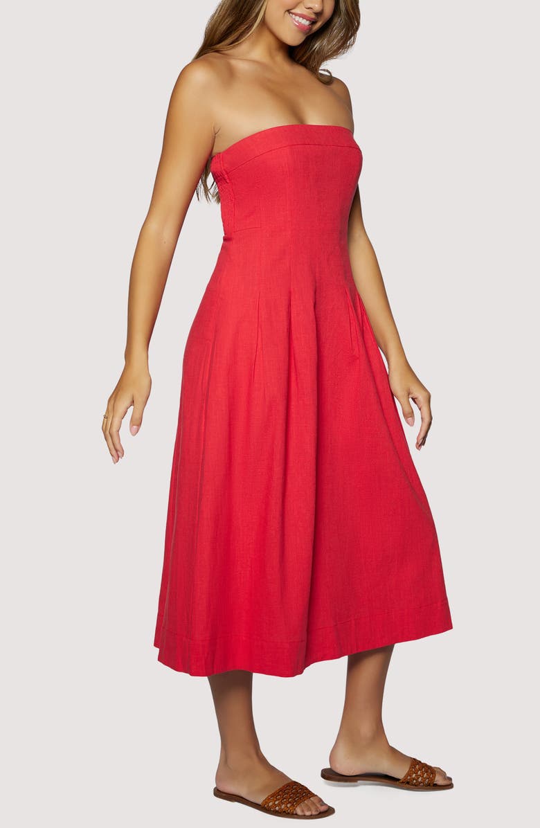 Lost + Wander Ruby Breeze Strapless Cotton & LInen Midi Dress, Alternate, color, Red