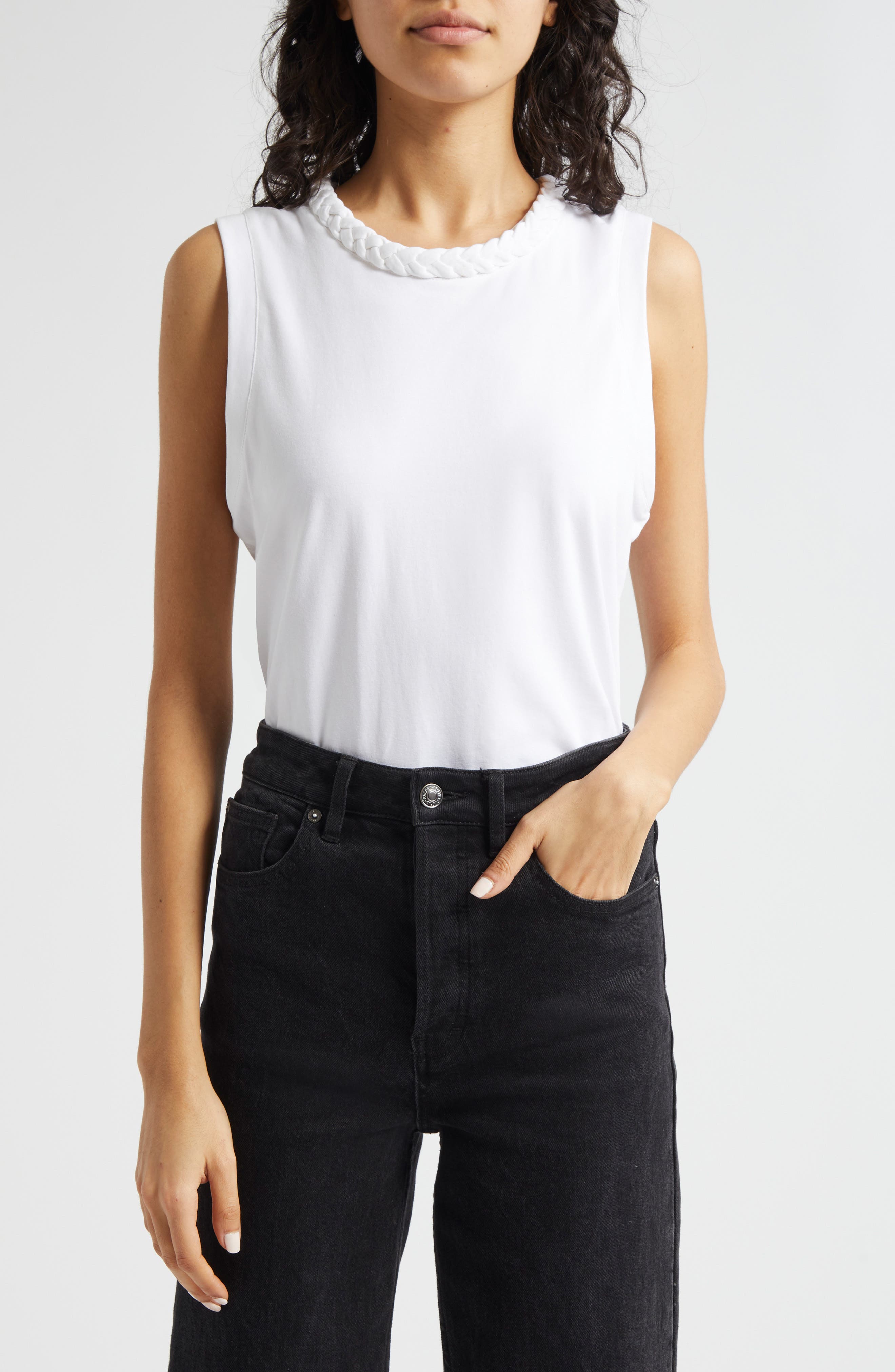 Cinq à Sept Braid Accent Sleeveless Cotton T-Shirt