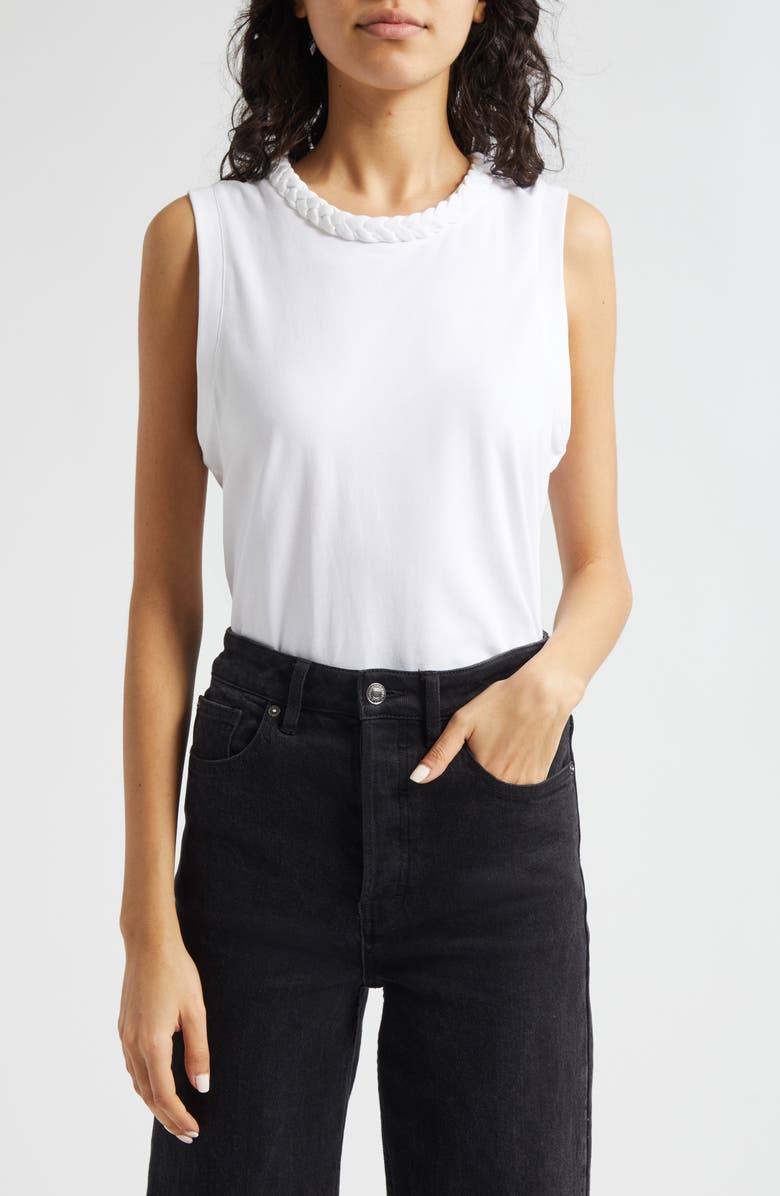 Cinq à Sept Braid Accent Sleeveless Cotton T-Shirt, Main, color,
