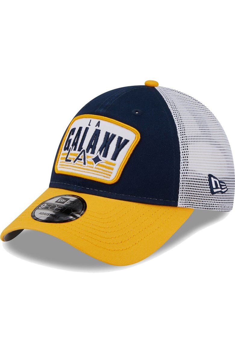 Men's New Era Navy/Gold LA Galaxy Patch 9FORTY Trucker Snapback Hat, Main, color, Navy