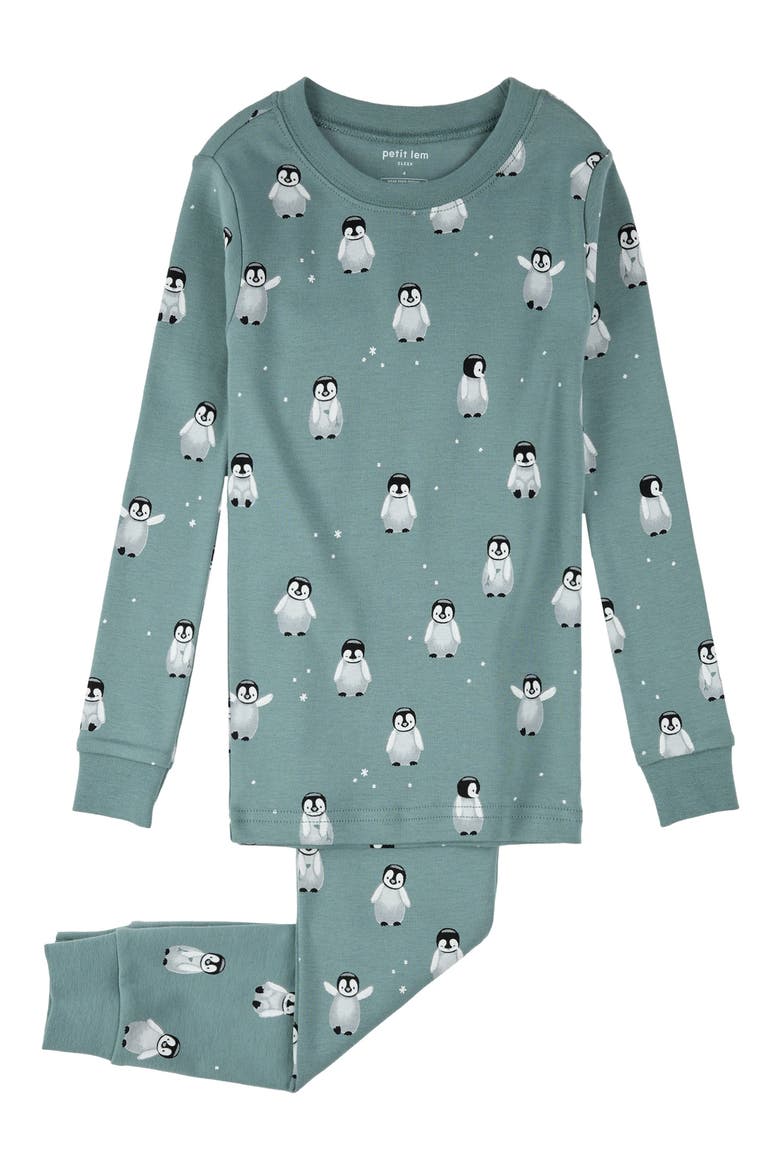 Kids' Penguin Print Fitted Two-Piece Organic Cotton Pajamas, Main, color, TURQUOISE