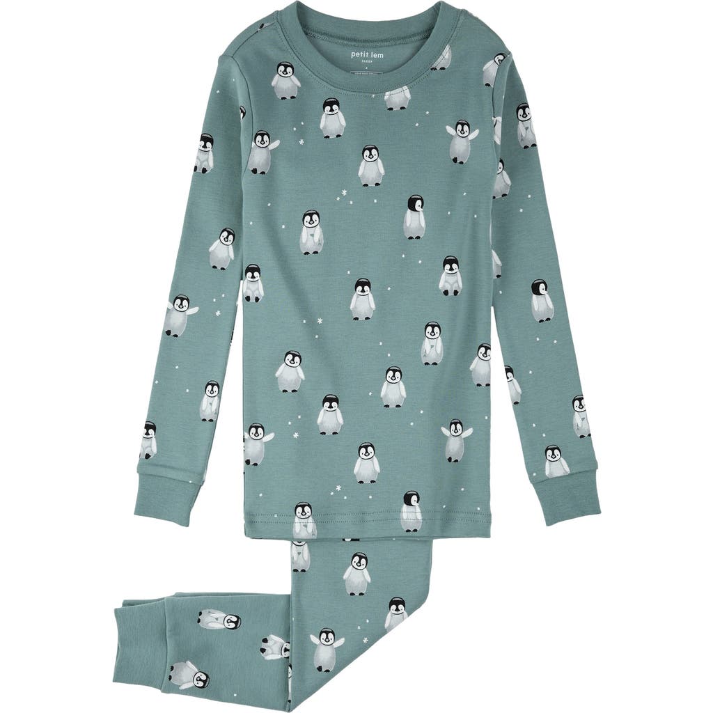 Petit Lem Kids' Penguin Print Fitted Two-Piece Organic Cotton Pajamas in Turquoise