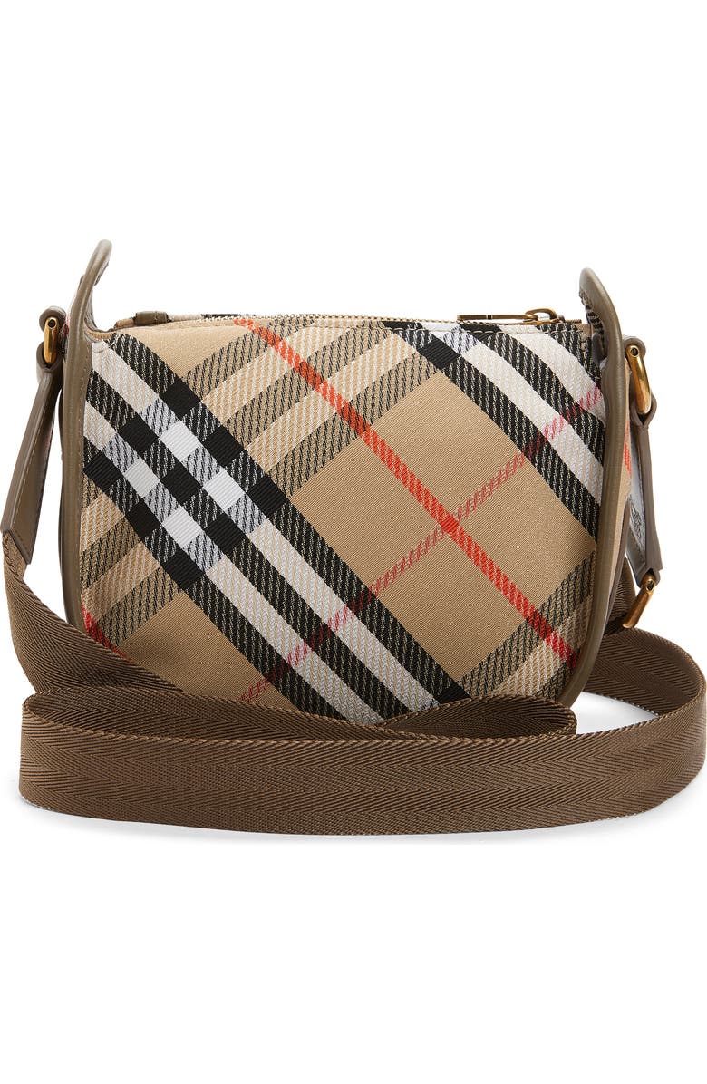 Burberry Mini B Clip Check Coated Canvas Messenger Bag, Alternate, color, Sand