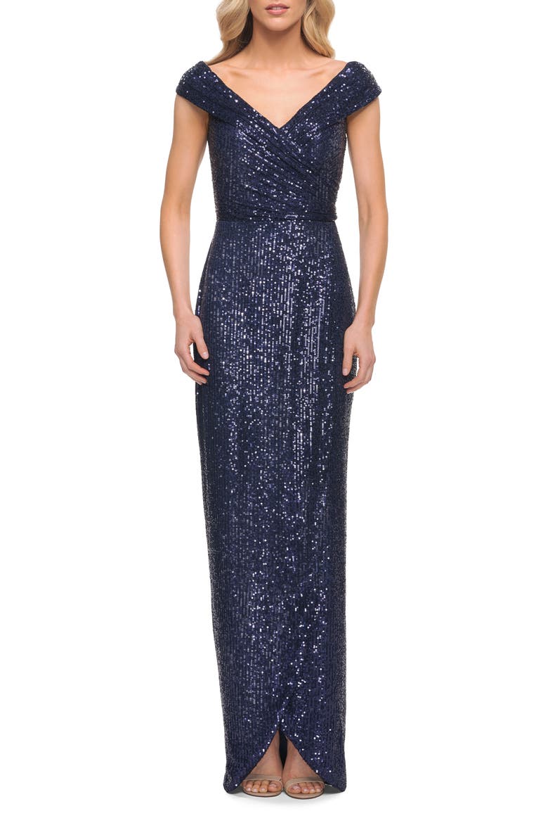 Sequin Long Evening Dress with Ruching and V Neck, Main, color, Navy