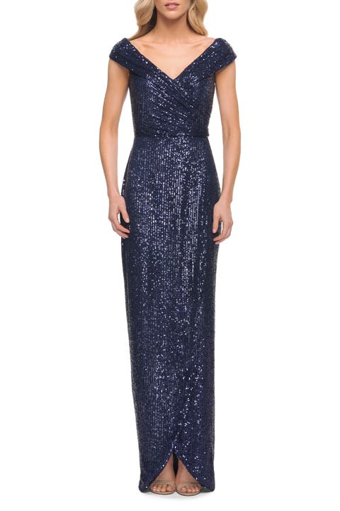 Sequin Long Evening Dress with Ruching and V Neck