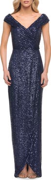 La Femme Sequin Long Evening Dress with Ruching and V Neck
