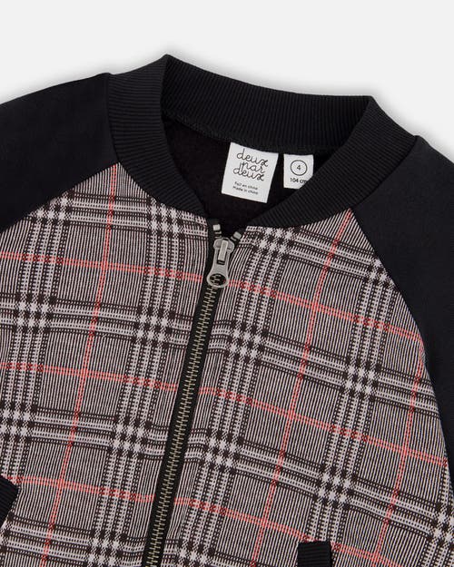 Deux Par Deux Bi-material Zip Front Jacket Plaid In Brown