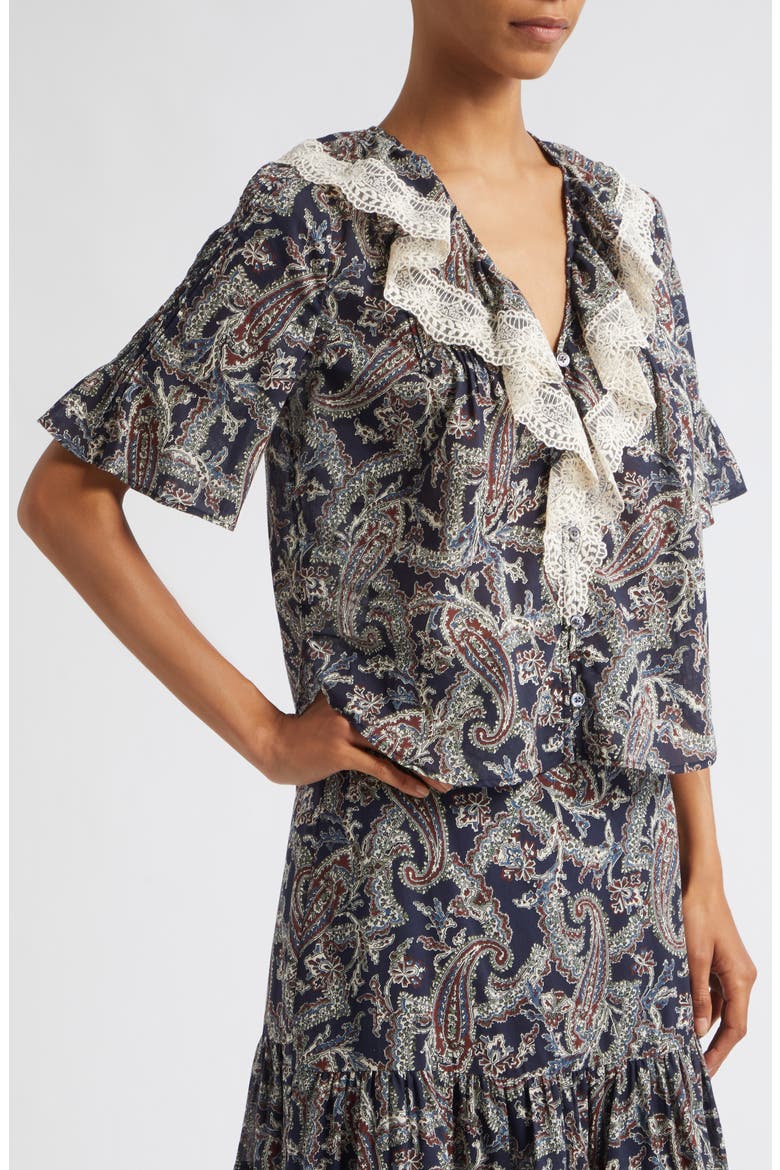Pamelis Paisley Ruffle Lace Trim Top, Alternate, color, NAVY MULTI