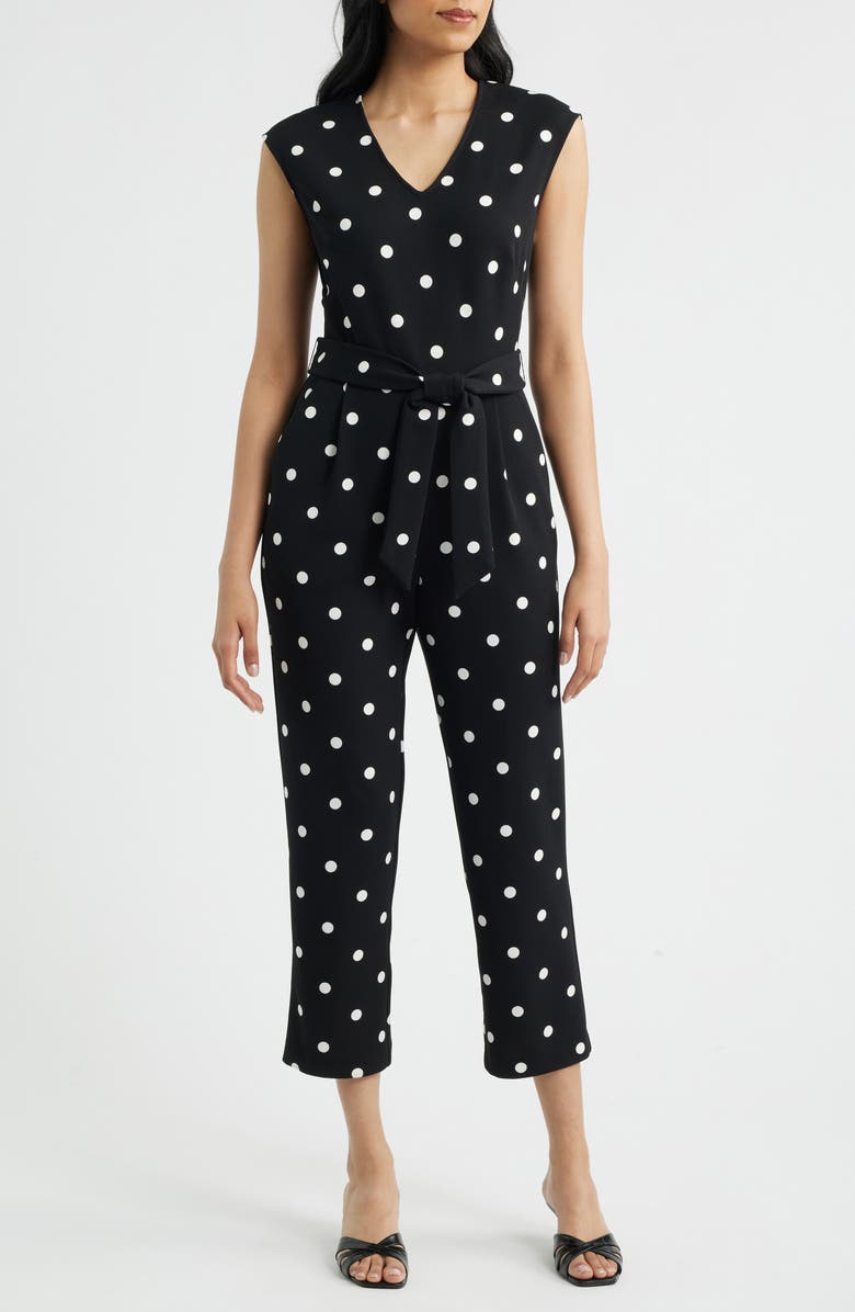 AK ANNE KLEIN Dot Tie Waist Crop Jumpsuit, Main, color, Anne Black