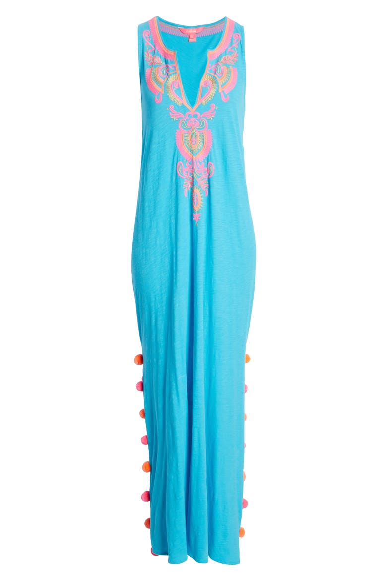 Nolia Embroidered Pompom Cotton Cover-Up Dress, Alternate, color, TURQUOISE OASIS