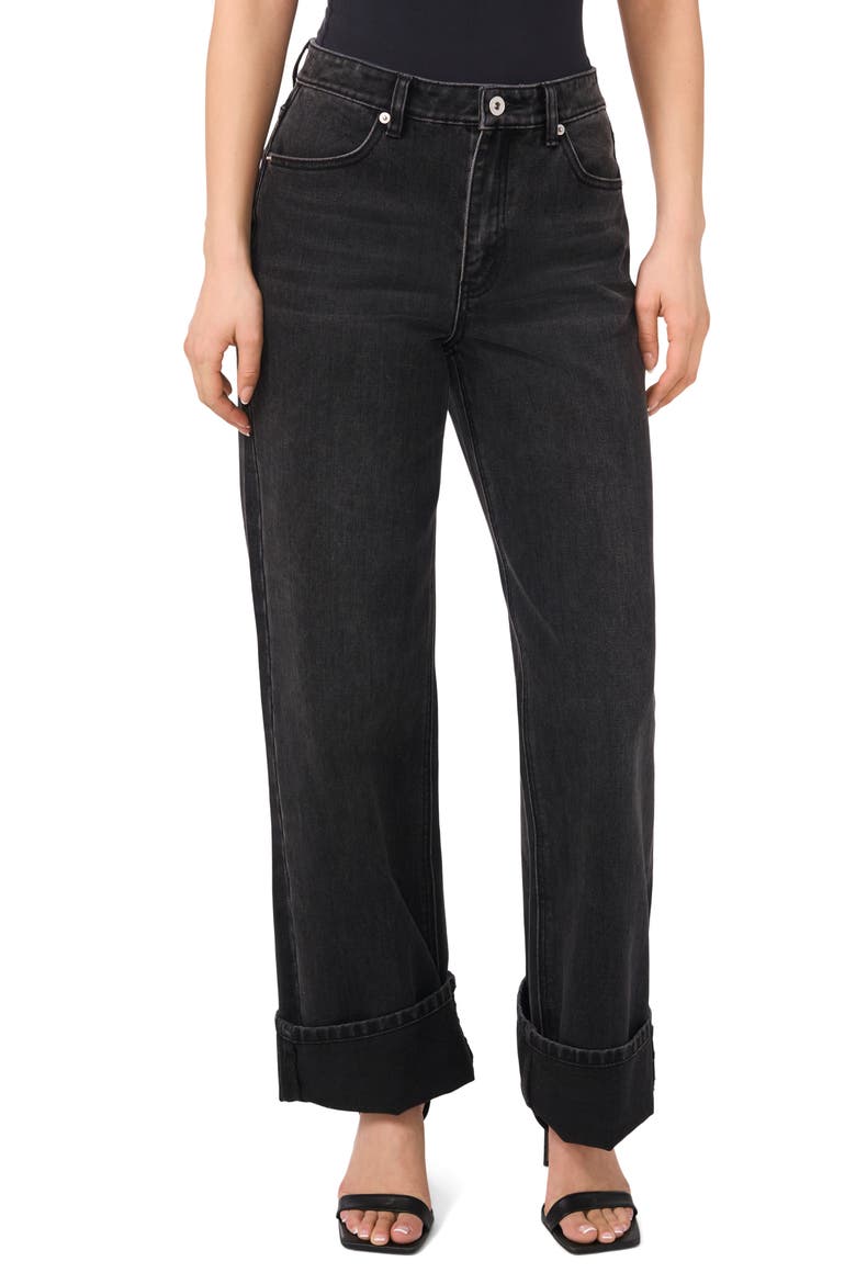 High Waist Cuffed Hem Wide Leg Jeans, Main, color, RICH BLACK