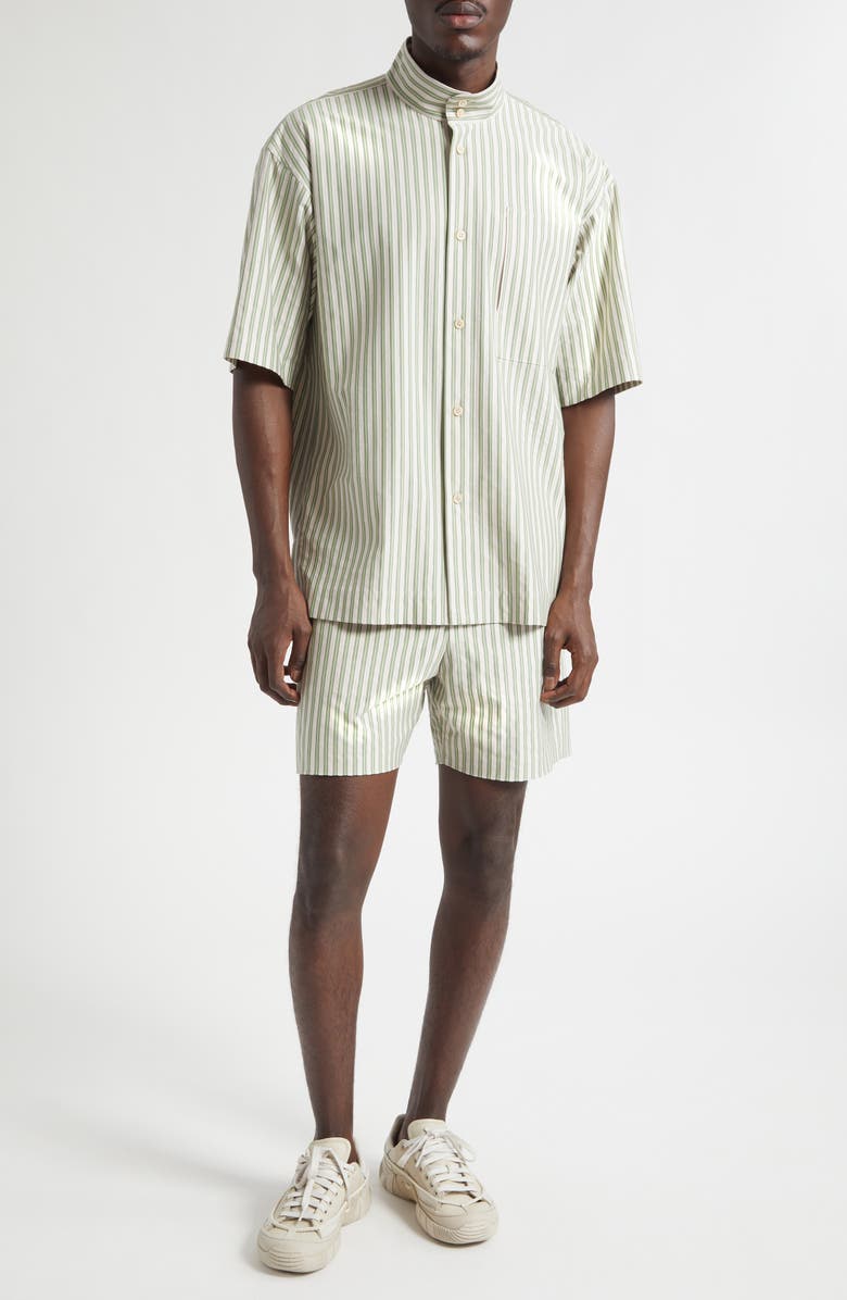 Homme Plissé Issey Miyake Stripe Short Sleeve Stand Collar Cotton Button-Up Shirt, Alternate, color, Green