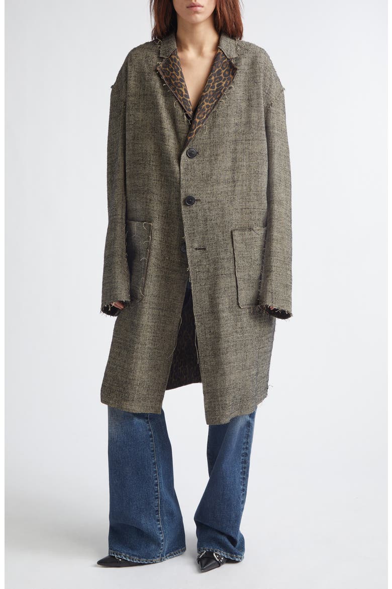 Reversible Raw Cut Linen & Virgin Wool Longline Jacket, Main, color, KHAKI BLACK MINI HOUNDSTOOTH